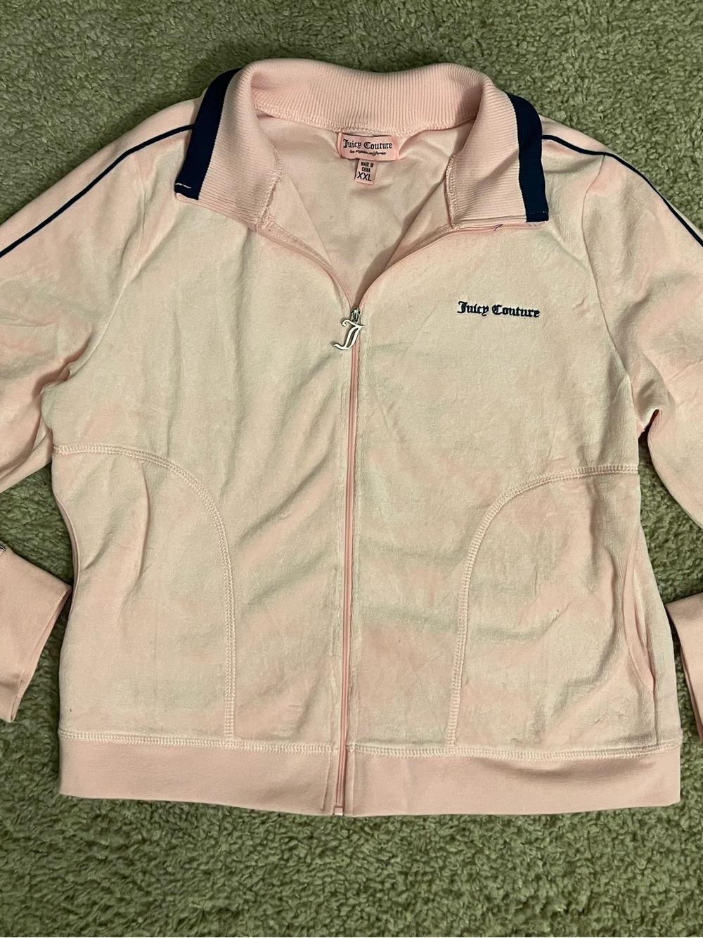Juicy Couture Light Pink Velour Bomber Jacket with Navy Trim